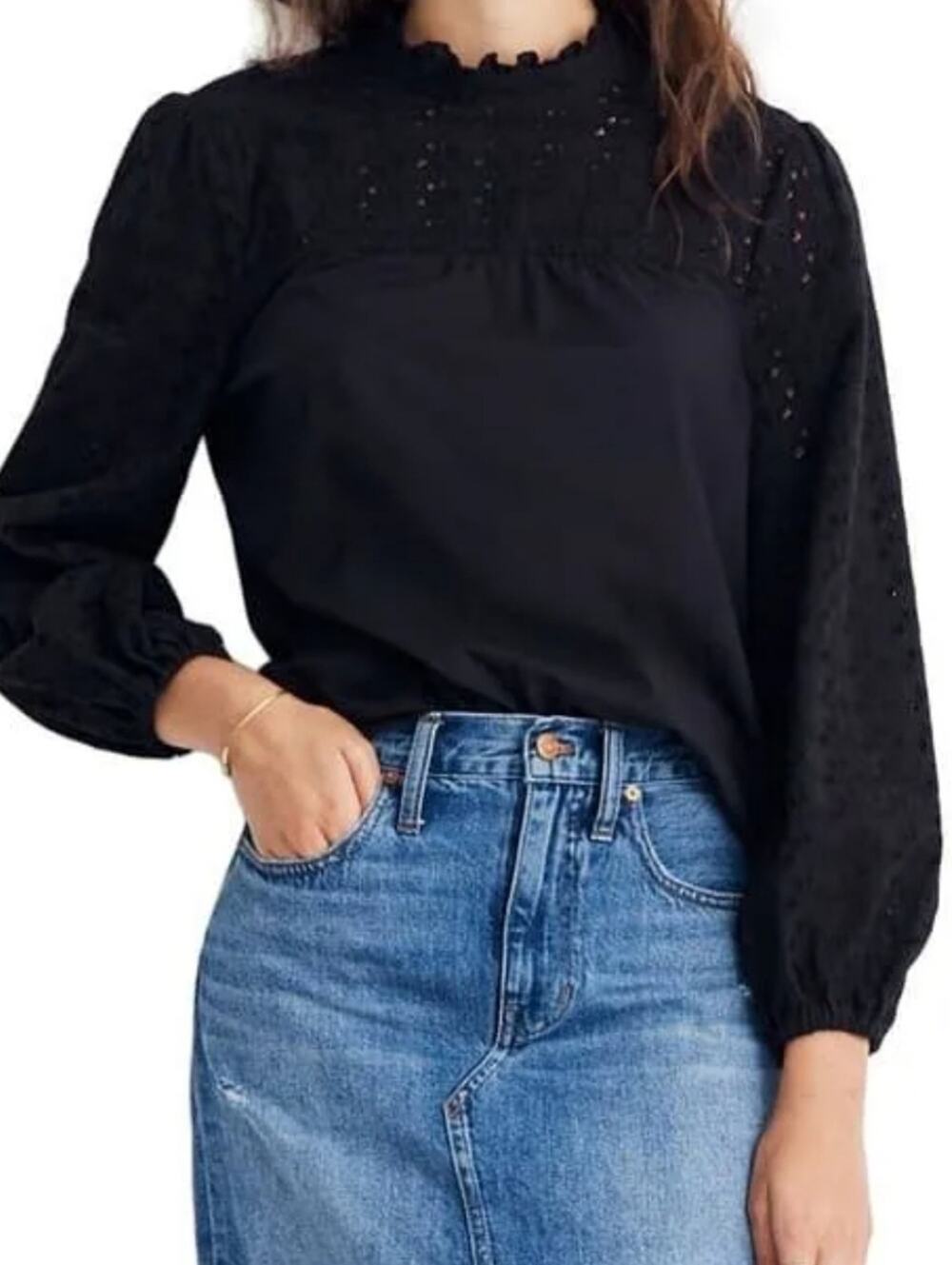 Madewell Eyelet Black Long-Sleeve peasant Top Small